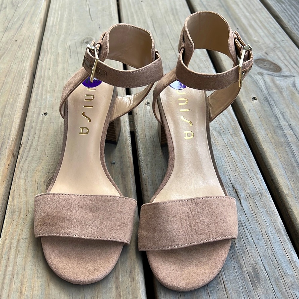 Unisa Taupe Suede Ankle-Strap Block Heel Sandals